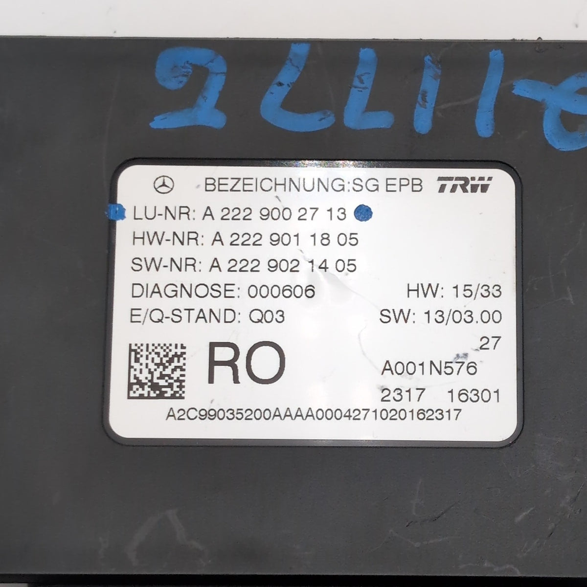 2017 Mercedes W205 C63 AMG Parking Brake Control Module OEM A2229002713