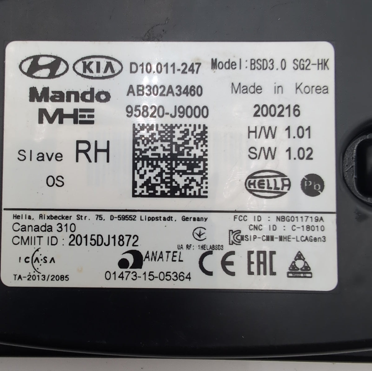 2019 2020 2021 Hyundai Kona Right Passenger Blind Spot Radar OEM 95820-J9000