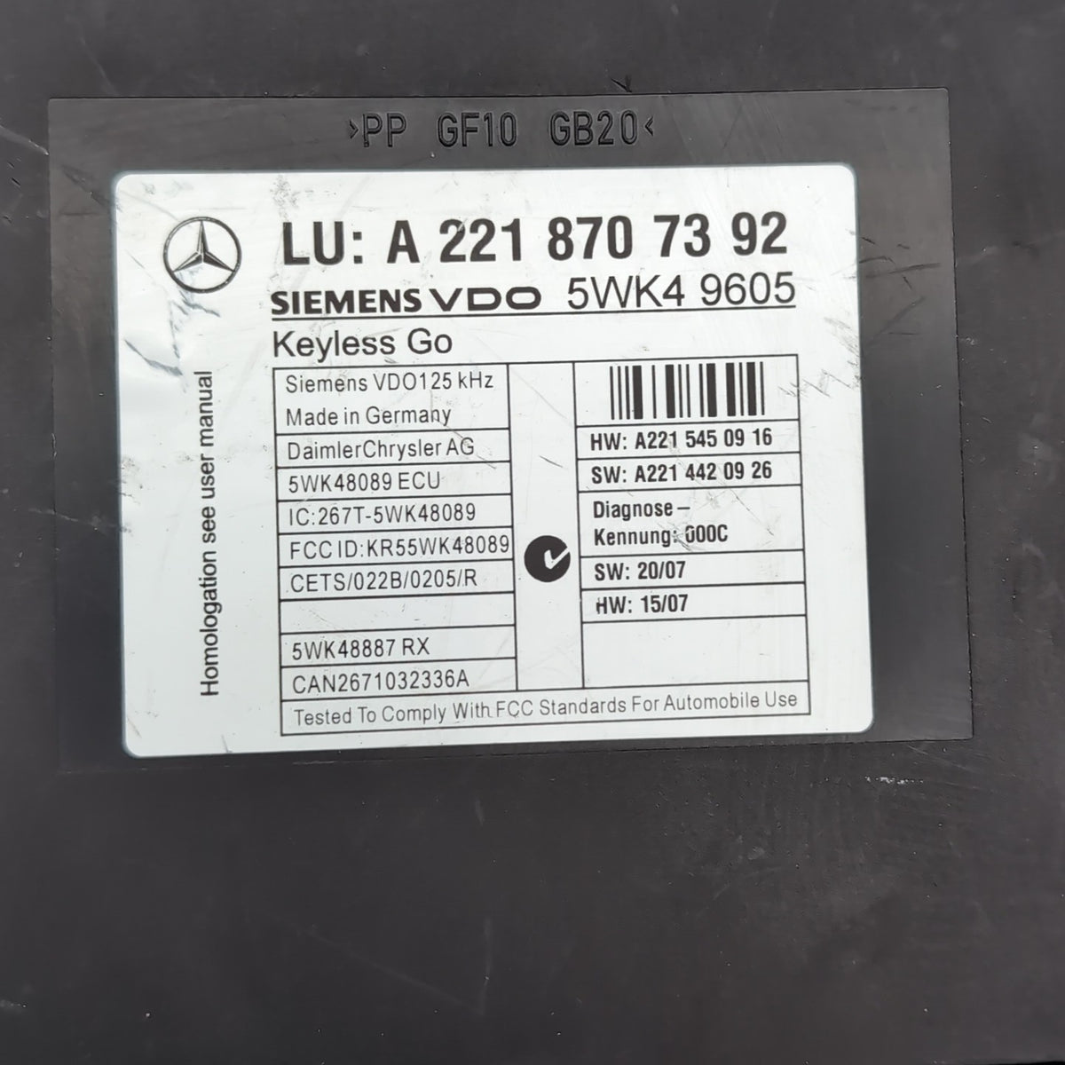 2007- 2010 Mercedes W221 S550 S400 Keyless Go Control Module A2218707392