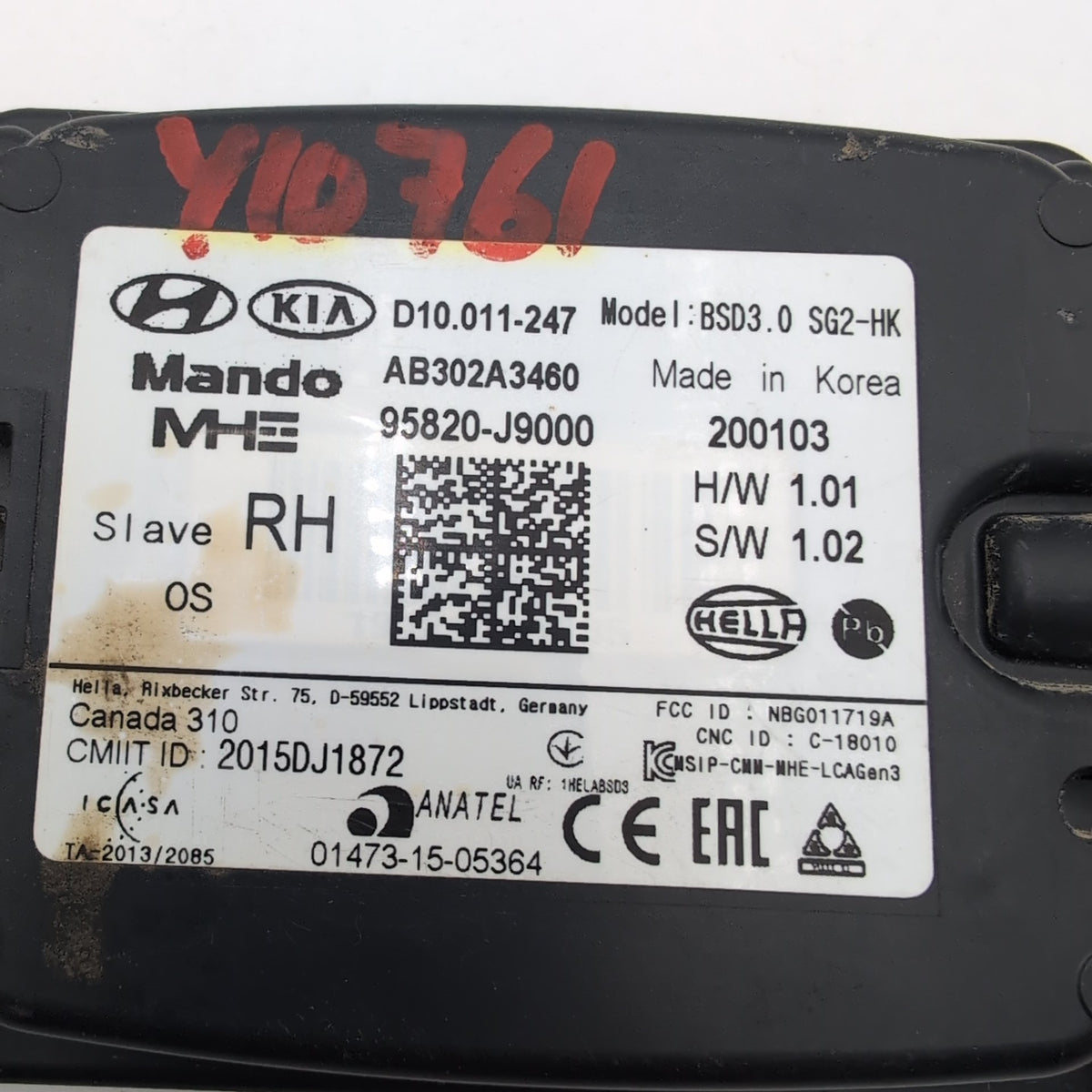 2019 2020 2021 Hyundai Kona SLAVE RH Right Blind Spot Radar Sensor 95820-J9000